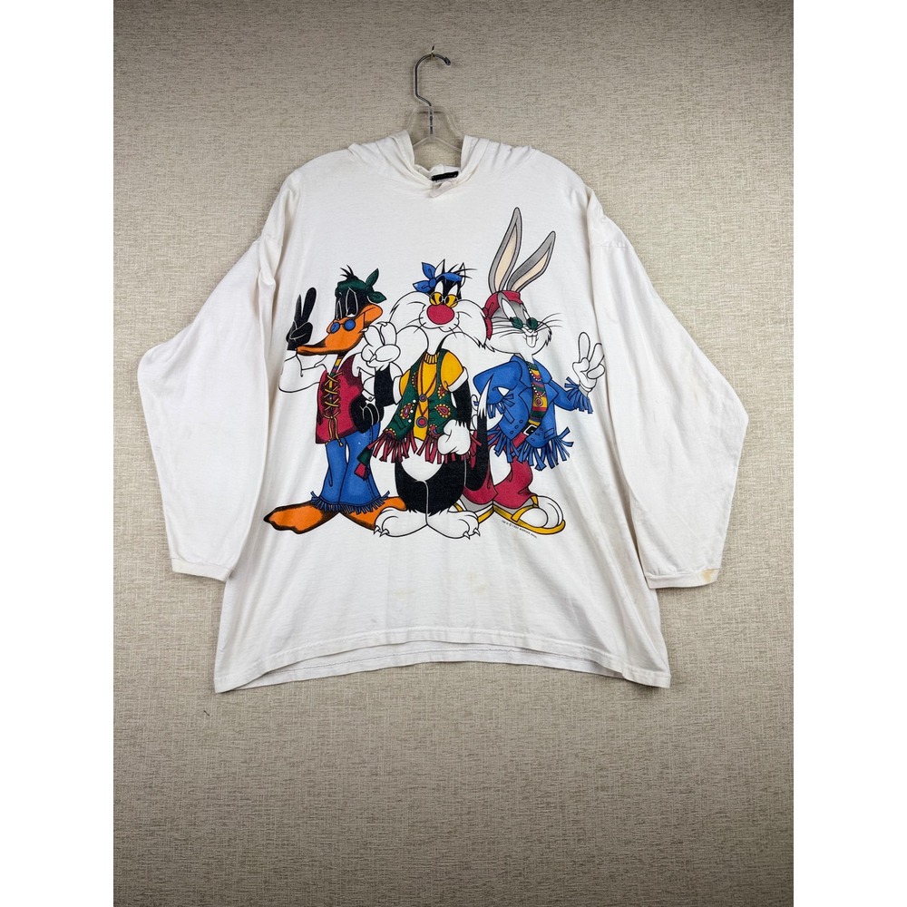 Vintage 1993 Warner Bros Looney Tunes Hippie Hooded Shirt Mens L-XL USA Made
